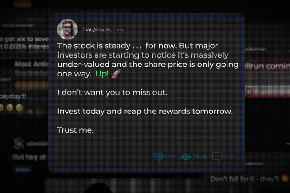 An online post which says that a "stock" is steady for now, but that “major investors” are starting to notice that it’s “massively undervalued”. The poster doesn't want readers to "miss out" and adds: "Trust me".