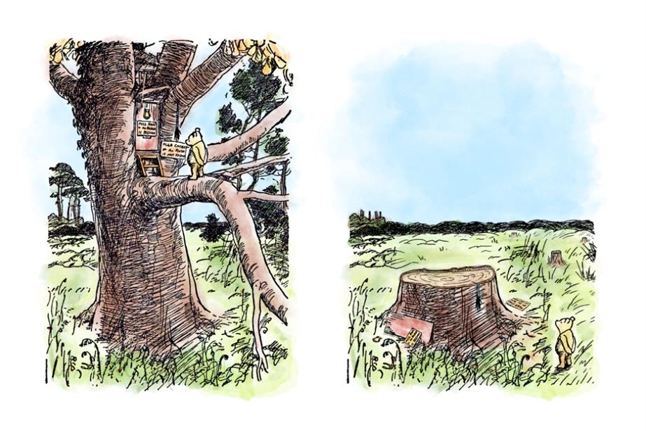 Image on the left shows Pooh looking at his home in a large tree. Image on the right shows Pooh looking at the stump of a tree which was once his house.